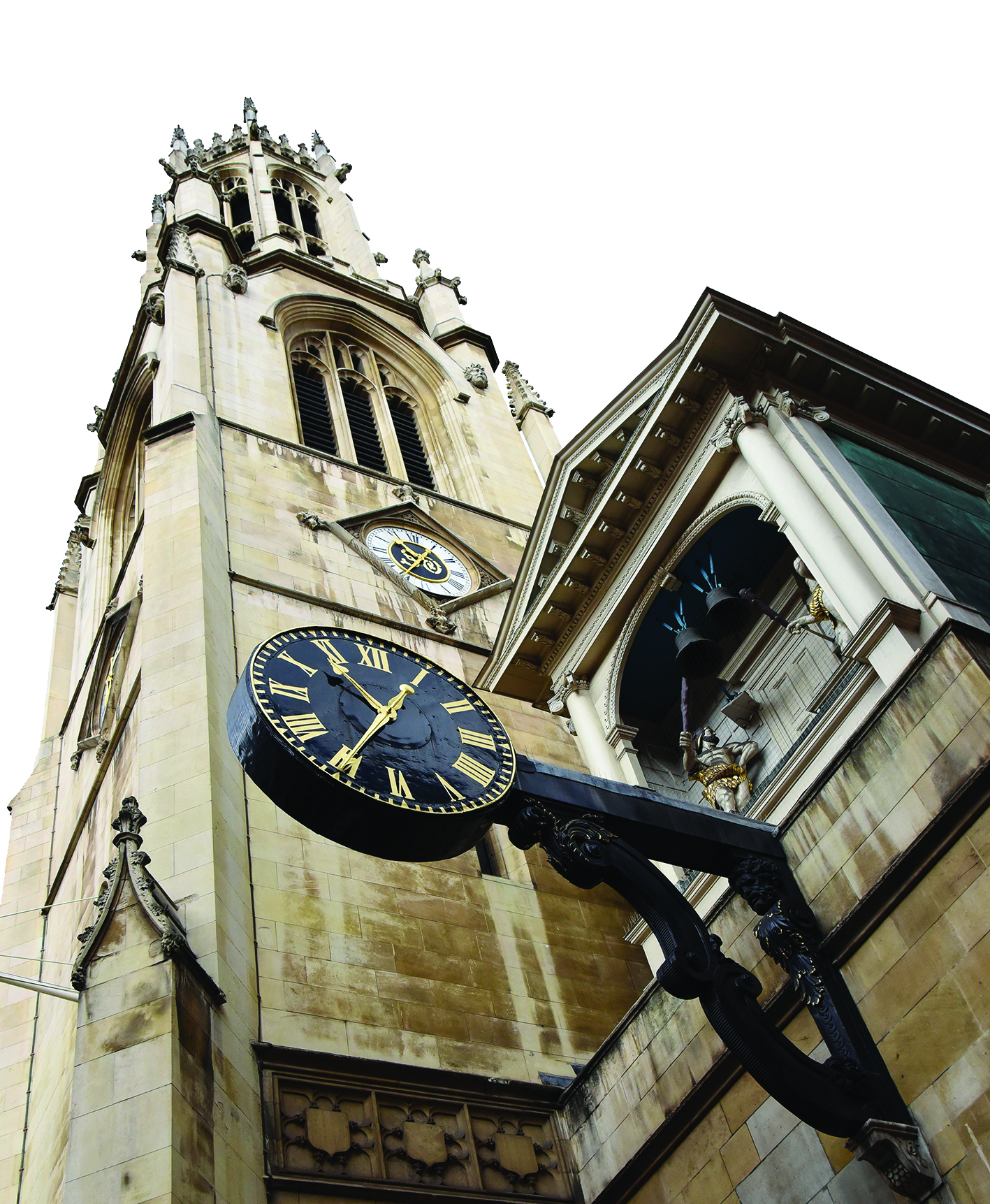 Tall stone church tower with ornate details rises against a cloudy sky. A black clock with gold Roman numerals hangs prominently in the foreground.