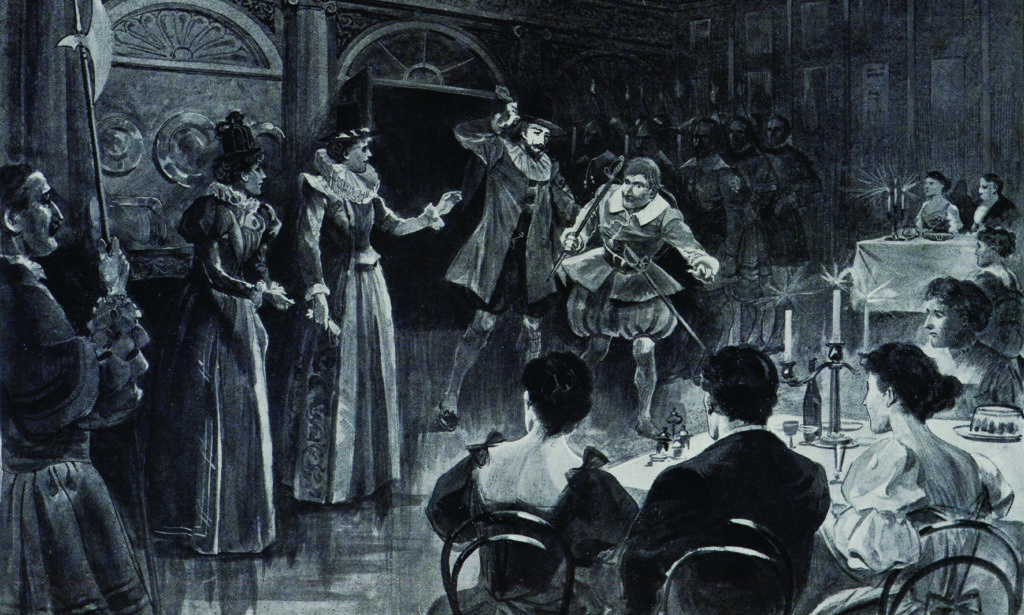 A dramatic scene unfolds in a dimly lit banquet hall. Two men engage in a fierce sword fight, surrounded by onlookers and seated diners.