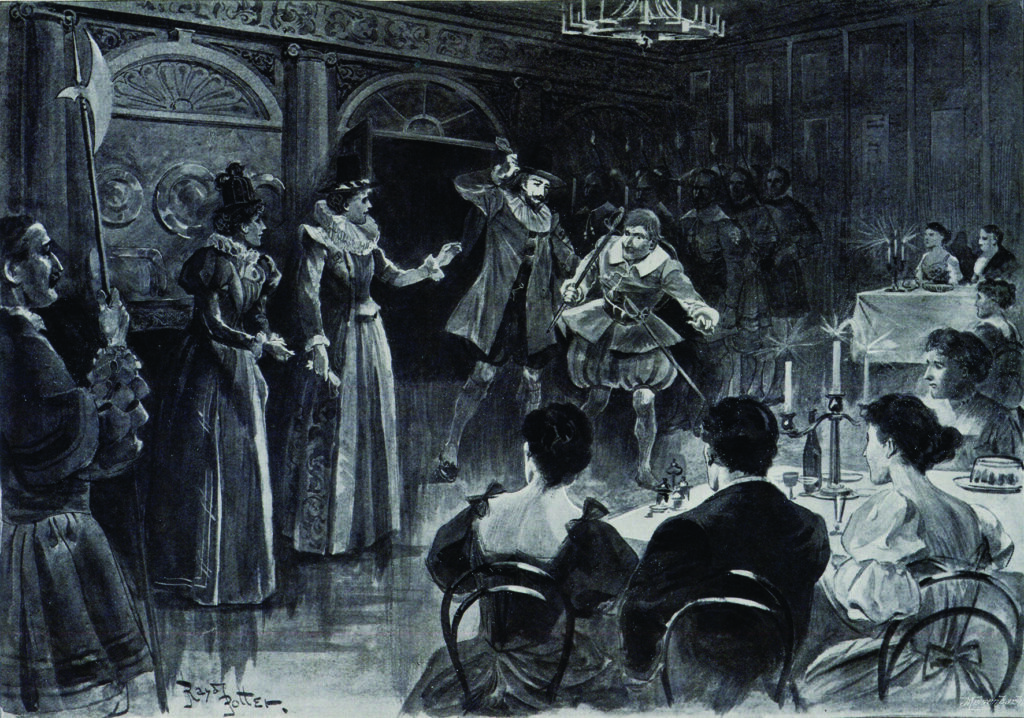 A dramatic scene unfolds in a dimly lit banquet hall. Two men engage in a fierce sword fight, surrounded by onlookers and seated diners. 
