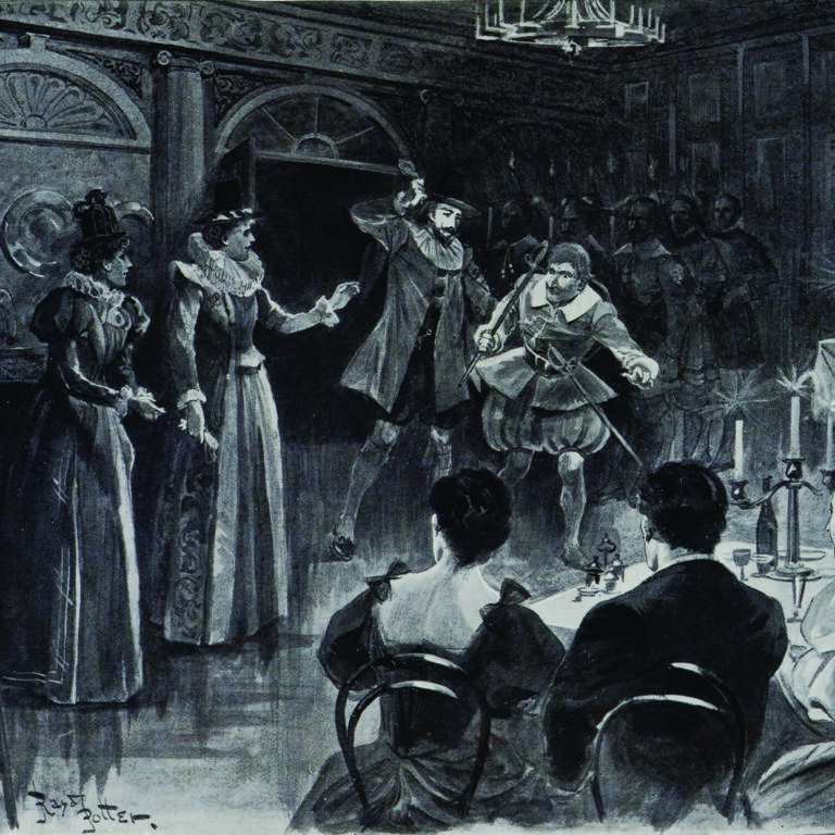 A dramatic scene unfolds in a dimly lit banquet hall. Two men engage in a fierce sword fight, surrounded by onlookers and seated diners.